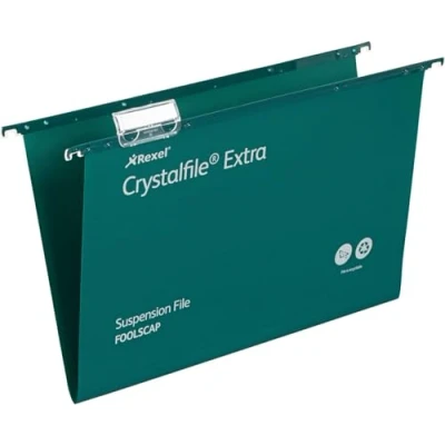 Image of Rexel Foolscap Heavy Duty Suspension Files with Tabs and Inserts for Filing Cabinets, 15 mm base, Polypropylene, Green, Crystalfile Extra, Pack of 25, 70628