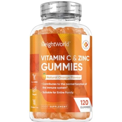 Image of Vitamin C and Zinc Gummies for Adults &amp; Kids 200mg VIT as L Ascorbic Acid 120 Chewable Low Sugar, Natural Orange Flavour, Immunity Vitamins Hair, Skin Nail