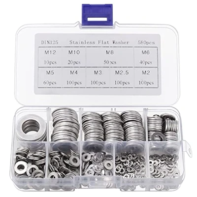 Image of Belle Vous 580 Pcs Stainless Steel Flat Washers with Storage Box 9 Assorted Sizes M2, M2.5, M3, M4, M5, M6, M8, M10 &amp; M12 Round Metal Screw Washer Kit Repair, Factories Home Decoration