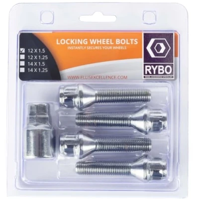 Image of RYBO Set of 4 M12 x 1.5 Tapered Alloy Wheel Locking Bolts (Silver, 45mm Thread Length)