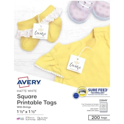 Image of Avery Printable Blank Square Gift Tags with Sure Feed, 1.5&quot; x 1.5&quot;, White, 200 Customizable Strings (22849)
