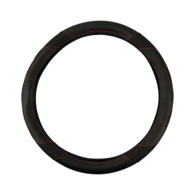 Image of Sakura ‘Barking’ Black Faux Leather Car Steering Wheel Cover Red Stitching SS5424 Universal Easy Fit for Most Vehicles Improves Grip and Comfort
