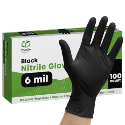 Image of [100 Count] Black Nitrile Disposable Gloves 6 Mil. Extra Strength Latex &amp; Powder Free, Chemical Resistance, Textured Fingertips Large