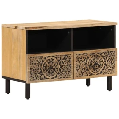 Image of vidaXL Solid Mango Wood Media Console/TV Stand Brown Retro Style with Iron Legs, Hand Carved Patterns, Spacious Storage 70x33x46 cm for Living Room