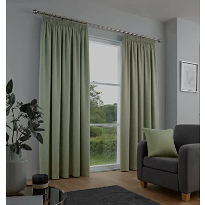 Image of Fusion Sage Green Curtains W66 x L90&quot; (168 229cm) 100% Cotton 2x Panels Pencil Pleat in Thermal &amp; Soundproof for Bedroom Light Pleated Drapes