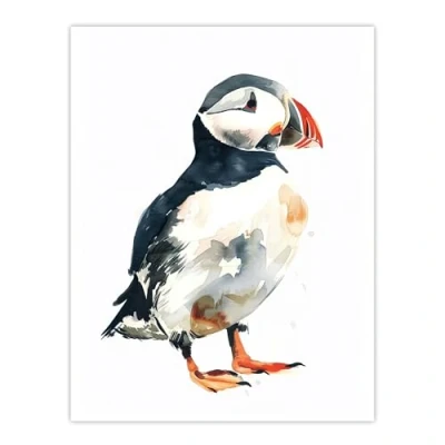Image of Artery8 Single Cute Puffin Bird Watercolour Portrait Living Room Large Wall Art Poster Print Thick Paper 18X24 Inch