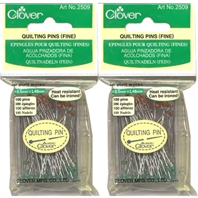 Image of Clover Two (2) Boxes Quantity 100 Fine Quilting Pins Article No. 2509 1 7/8 Long 0.5mm Glass Head