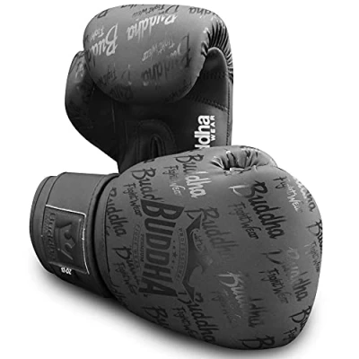 Image of Buddha Fight Wear. Training and Combat Gloves, Special Edition, Handmade, Boxing, Muay Thai, Kick Boxing MMA Model Top Premium Matte Black 16 Ounce