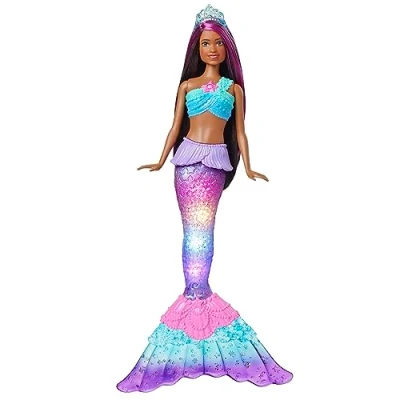 Image of Barbie Mermaid Doll with Water Activated Twinkle Light Up Tail, Dreamtopia Toys, Purple Streaked Hair, HDJ37