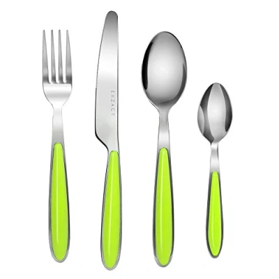 Image of EXZACT Cutlery Set of 16, Stainless Steel with Color Handles 4 Forks, Dinner Knives, Spoons, Teaspoons EX07 (Green x 16)