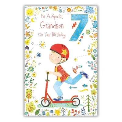 Image of Paper Rose Special Grandson 7th Birthday Card Age 7 Boy on Scooter with Foil Details Eco Friendly and Recyclable