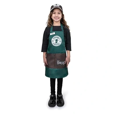 Image of Dress Up America Barista Costume for Kids Green Apron and Cap Coffee Set