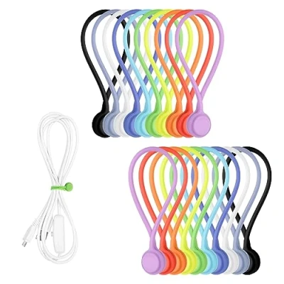 Image of Lollanda Magnetic Silicone Cable Ties, Reusable Ties for Organisation and Management, 190 mm Tie Set (20 Pieces, 10 Colours)