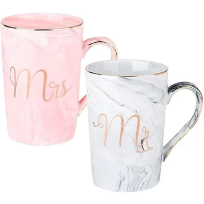 Image of Mr and Mrs Coffee Cups Set Wedding Gifts for Couple Engagement Bridal Shower Bride Groom Anniversary Marble Ceramic Mugs, of 2 (Pink, Grey)