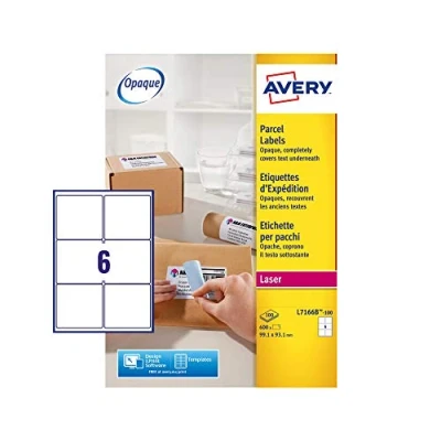 Image of Avery L7166B Printable, Customisable Parcel Labels, Laser Printers, 6 Labels Per A4 Sheet, 600 BlockOut