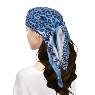 Image of MEANBEAUTY 27.5&quot; Square Silk Like Head Scarf for Women Satin Bandana Scarves Neck Scarfs Hair Wrapping at Night(Blue Leopard)