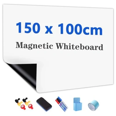 Image of JOMUSAGA Magnetic Whiteboard Paper, 150 x 100 cm, Self Adhesive Dry Erase Sheets, Film for Wall, Includes Wipe Pens, Eraser &amp; Magnets Ideal School, Home Office