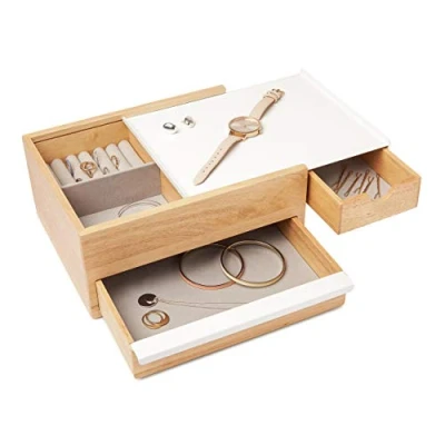 Image of Umbra Stowit Jewellery Box with Secret Compartments for Rings, Bracelets, Watches, Necklaces, Earrings and Accessories, White/Natural, Large