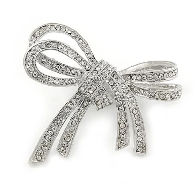 Image of Avalaya Double Bow Clear Crystal Brooch in Rhodium Plating 55mm W