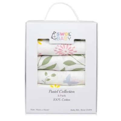 Image of SWDL Baby Muslin Cloths for Babies Large Squares, 70x70 cm, 100% Cotton, Soft &amp; Absorbent. Safari Edition, Pack of 6 Essentials, Bib Burp (Pastel Edition)