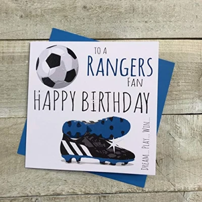 Image of WHITE COTTON CARDS Rangers FC Gers Light Blues Football Club Fan Birthday Card BOOTS &amp; BALL DESIGN (FFP8)