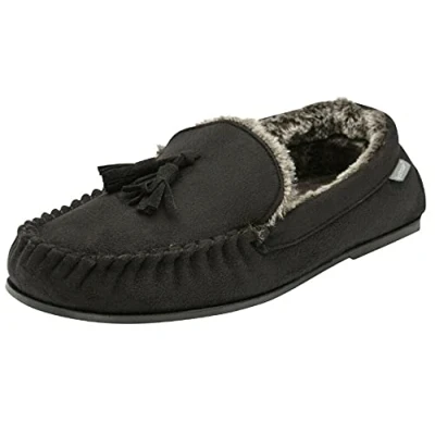Image of DUNLOP Mens Duke Moccasin Slippers Loafers Faux Suede Soft Fur Lining with Outdoor Sole (9 UK, Black) …