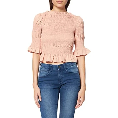 Image of NA KD Women&#039;s High Neck Smocked Blouse, Peach, 12 UK