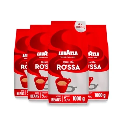 Image of Lavazza, Qualità Rossa, Coffee Beans, 4 Packets of 1 kg, with Aromatic Notes Chocolate and Dried Fruit, Arabica Robusta, Intensity 5/10, Medium Roast