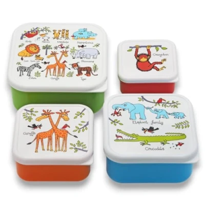 Image of Tyrrell Katz Kids Snack Boxes with Jungle Print Children&#039;s 4 Piece Set Freezer Safe Square Food Storage Containers
