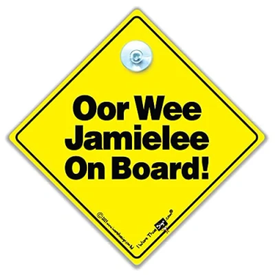 Image of Oor Wee Jamie Lee On Board Car Sign, Suction Cup Baby Sign Style in Yellow and Black 14cm x