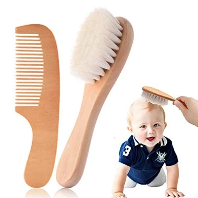 Image of Baby Hair Brush and Comb Set, Newborns Toddlers Kids Natural Soft Goat Bristles Massage Bath with Wooden Handle