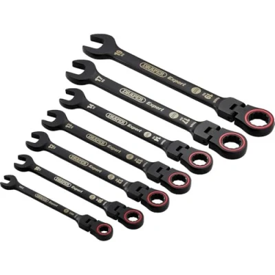 Image of Draper Expert HI TORQ Metric Flexible Head Ratchet Combination Spanner Set, Black (7 Piece)