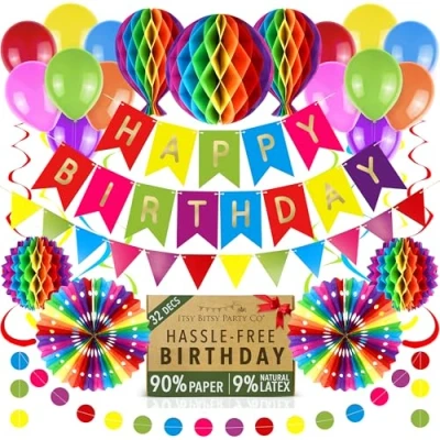 Image of Premium Reusable Birthday Party Decorations Decoration Set Happy Banner, Bunting, Honeycomb Decorations, Streamers Paper (Multicoloured + Balloons)