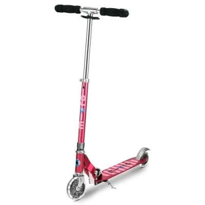 Image of Micro Scooters Sprite LED Children&#039;s Scooter Handlebar Adjustable Light Up Wheels Foldable 5 12yrs Boys &amp; Girls Pink Stripe