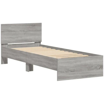 Image of vidaXL Single Bed Frame with Headboard Grey Sonoma Modern Bedroom Engineered Wood Construction, Plywood Slats, 90x200 cm Support Base