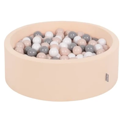 Image of KiddyMoon Soft Ball Pit Round 90X30cm/300 Balls ∅ 7Cm/2.75In For Kids, Foam Pool Baby Playballs, Beige: Pastel Beige/Grey/White