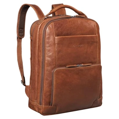 Image of STILORD &#039;Harlow&#039; XL Leather Backpack for Men Vintage Laptop 15 17 Inch Large Work with Compartments Trolley Attachable Genuine Leather, Colour:maraska Brown