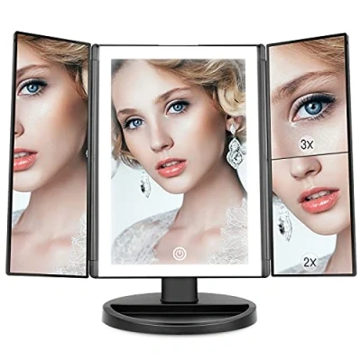 Image of WEILY Lighted Vanity Makeup Mirror 1x/2x/3x Magnification Trifold with 36 LED Lights Touch Screen and USB charging, 180 Degree Adjustable Stand for Countertop Cosmetic (Black)