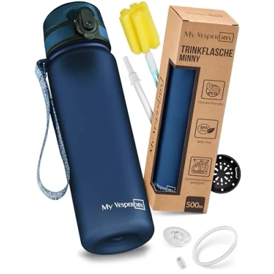 Image of My Vesperbox Minny Children&#039;s Water Bottle 500 ml Leak proof &amp; BPA Free Includes Replacement Seal, Cleaning Brush, Fruit Strainer Optional Straw Ideal for School, Nursery Sports
