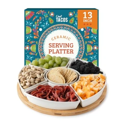 Image of Chef Tacos Ceramic Taco Serving Platter Divided Tray for Tuesday Lazy Susan Bar Chip and Dip Set Party Appetizer Salsa, Snacks 33 cm
