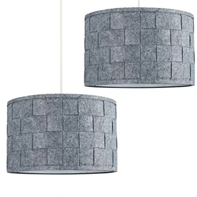 Image of Pair of Large Modern Weave Design Drum Ceiling Pendant Light Shades in a Grey Felt Finish Complete with 10w LED GLS Bulbs [3000K Warm White]