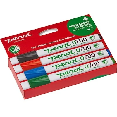 Image of PENOL Permanent Marker Pens, 4 Pens in Multicolor 0700, 1.5mm Bullet Tip Coloured with Nordic Swan Ecolabel, Quick Dry and Fade Resistant Ink Based on Alcohol Markers for Artwork