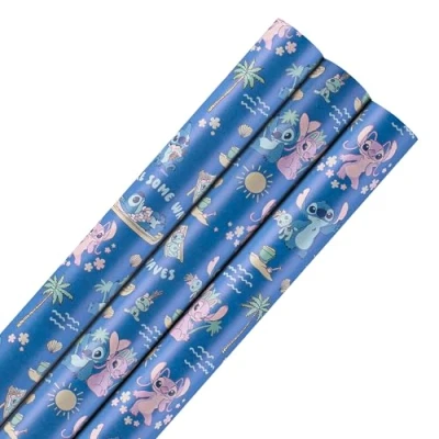 Image of Hallmark Wrapping Paper Roll, Pack of 3 in 1 Disney Lilo &amp; Stitch Design, Angel, 2M Each, Birthday, Christmas, Blue