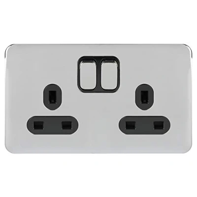 Image of Schneider Electric Lisse Screwless Deco Switched Double Power Socket, Pole, 13A, GGBL3020DBPC, Polished Chrome with Black Insert