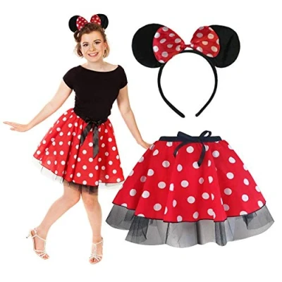 Image of Minnie Mouse women tutu skirt with headband, ears &amp; tail costume UK Sizes 8 to 28 Red, Pink, Fancy Dress, Fun Run, Hen Party (S, Red)