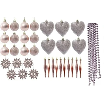 Image of Christmas Tree Decoration Baubles Snowflakes Droplet Garland Heart Set 35pc (Rose Gold)
