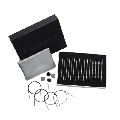 Image of KNITPRO Karbonz Interchangeable Circular Needles Set with Accessories (3.50 8.00mm), Black and Silver