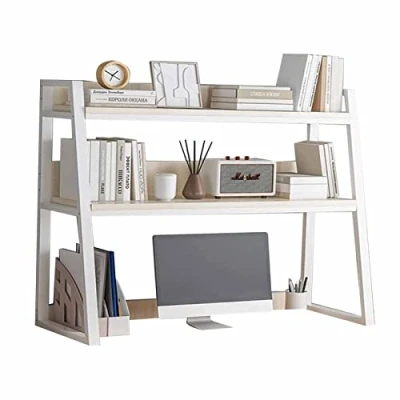 Image of Desktop Bookshelf Organization Rack 2 Tier Multipurpose Countertop Hutch Bookshelf, Adjustable Desk Bookcase for Computer Desktop, Home Office Storage Display Shelf ( Color : White ,