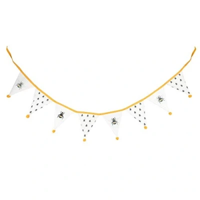 Image of Whimsical White Alternating Bee Print Fabric Bunting 18cm x 15cm (1 Pc.) Cheerful Design with Yellow Pompom Accents, Perfect for Brightening Indoor or Outdoor Spaces