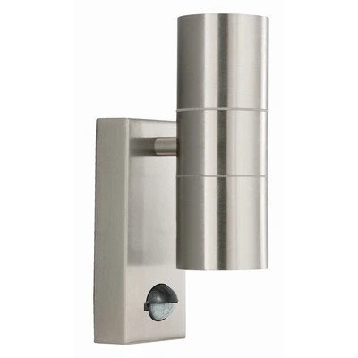 Image of Searchlight 7008 2SS Outdoor Satin Silver Twin Lamp IP44 Up &amp; Down Wall Light with PIR